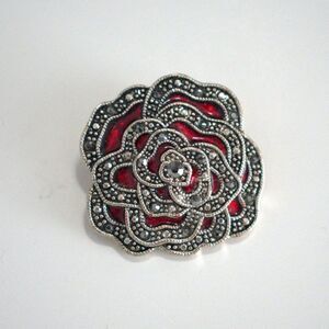 Vintage Silver and Red Rose Brooch
